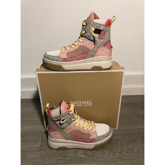 PERFECTION NEW MICHAEL KORS MATSON HIGH TOP CANVAS SNEAKERS PINK MULTI $225 S7.5 - Picture 12 of 12